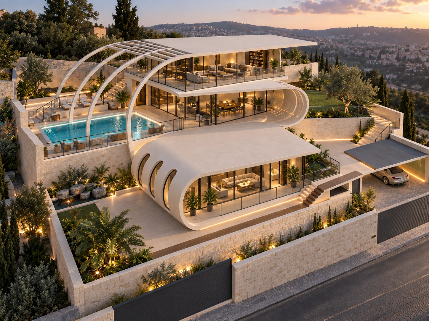 הדמיית הבית בבית זית עם קשתות לבנות מעל הבריכה ומרפסות הפונות לנוף
